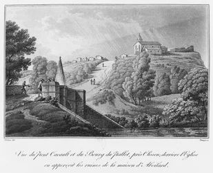 Vista da ponte Cacault e da aldeia de Pallet, perto de Clisson, ruínas da casa de Abelardo, ilustração de &39;Viagem pitoresca no bosque de Vendee ou vistas de Clisson e seu enviro